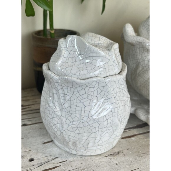 Vintage Set Of White Crackled Crazed Cabbage Leaf: Tureen, Creamer & Sugar Bowl - Picture 5 of 10